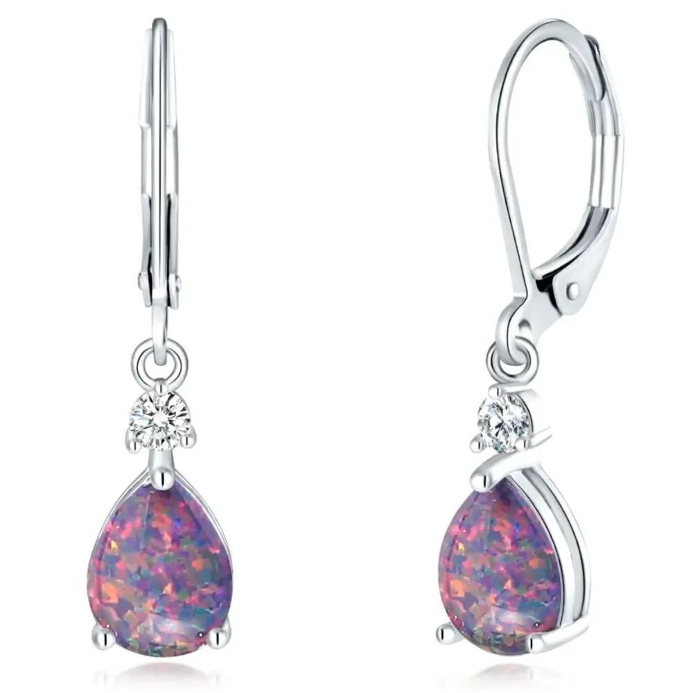 14K White Gold with Genuine Black Fire Opal and CZ Teardrop Leverback Earrings